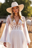 White Flare Sleeves A Line Chiffon Boho Western Wedding Dress with Lace