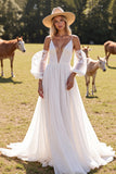 White Chiffon A Line Boho Western Wedding Dress with Sleeves