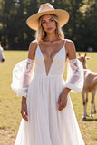 White Chiffon A Line Boho Western Wedding Dress with Sleeves