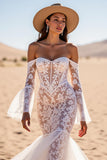 Mermaid White Lace Corset Maxi Boho Western Wedding Dress with Sleeves