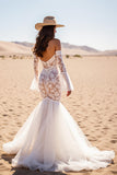 Mermaid White Lace Corset Maxi Boho Western Wedding Dress with Sleeves