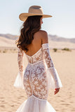 Mermaid White Lace Corset Maxi Boho Western Wedding Dress with Sleeves