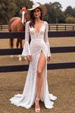 White Lace Boho Sheath Flare Sleeves Western Wedding Dress with Slit