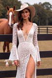 White Lace Boho Sheath Flare Sleeves Western Wedding Dress with Slit