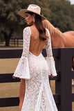 White Lace Boho Sheath Flare Sleeves Western Wedding Dress with Slit