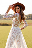 Lace Boho White Long Sleeves Western Wedding Dress with Slit