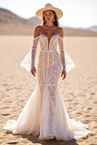 Boho White Flare Sleeves Corset Mermaid Lace Western Wedding Dress
