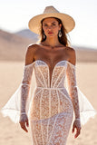 Boho White Flare Sleeves Corset Mermaid Lace Western Wedding Dress