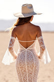 Boho White Flare Sleeves Corset Mermaid Lace Western Wedding Dress