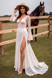Boho Corset White V-Neck Maxi Western Wedding Dress with Slit