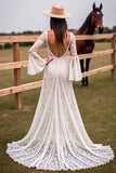 Boho Corset White V-Neck Maxi Western Wedding Dress with Slit