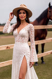 Boho Corset White V-Neck Maxi Western Wedding Dress with Slit