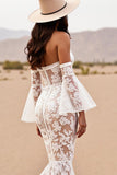 Mermaid Boho Corset White Lace Western Wedding Dress with Sleeves