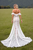 High-Low Boho White Lace Corset Off the Shouder Western Wedding Dress