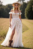 White Corset Lace A Line Sweep Train Boho Western Wedding Dress with Slit
