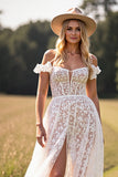 White Corset Lace A Line Sweep Train Boho Western Wedding Dress with Slit