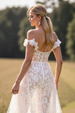 White Corset Lace A Line Sweep Train Boho Western Wedding Dress with Slit