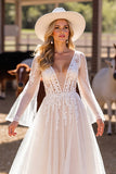 White Corset Long Sleeves A Line Western Wedding Dress with Appliques