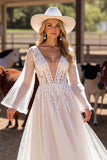 White Corset Long Sleeves A Line Western Wedding Dress with Appliques