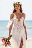 White Corset A Line Chiffon Beach Wedding Dress with Lace