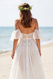 White Corset A Line Chiffon Beach Wedding Dress with Lace