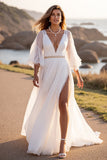 White Chiffon V-Neck A Line Sweep Train Boho Wedding Dress with Slit