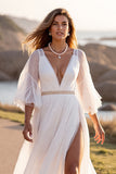 White Chiffon V-Neck A Line Sweep Train Boho Wedding Dress with Slit