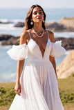 White V-Neck Puff Sleeves Sweep Train A Line Wedding Dress
