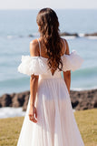 White V-Neck Puff Sleeves Sweep Train A Line Wedding Dress