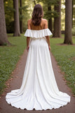 White Satin A Line Sweep Train Wedding Dress with Sleeves