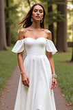 White Satin A Line Sweep Train Wedding Dress with Sleeves