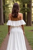 White Satin A Line Sweep Train Wedding Dress with Sleeves