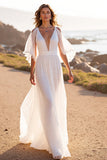 V-Neck White Chiffon Sweep Train Boho Wedding Dress with Ruffles