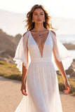 V-Neck White Chiffon Sweep Train Boho Wedding Dress with Ruffles