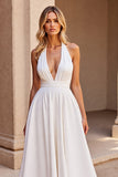 Satin White Halter A Line Backless Sweep Train Wedding Dress