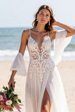 Chiffon White Spaghetti Straps Boho Maxi Wedding Dress with Sleeves