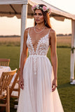 Spaghetti Straps White Boho Maxi A Line Wedding Dress with Lace
