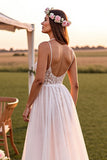 Spaghetti Straps White Boho Maxi A Line Wedding Dress with Lace