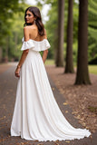 Satin A Line White Off the Shoulder Sweep Train Wedding Dress with Ruffle