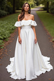Satin A Line White Off the Shoulder Sweep Train Wedding Dress with Ruffle
