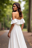 Satin A Line White Off the Shoulder Sweep Train Wedding Dress with Ruffle