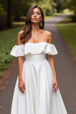 Satin A Line White Off the Shoulder Sweep Train Wedding Dress with Ruffle
