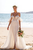 Boho Chiffon White A Line Maxi Beach Wedding Dress with Slit