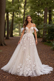 White Tulle Corset Sweep Train Floral Wedding Dress with Lace