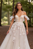 White Tulle Corset Sweep Train Floral Wedding Dress with Lace