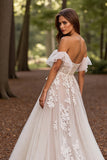 White Tulle Corset Sweep Train Floral Wedding Dress with Lace