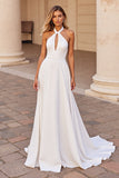 A Line Satin White Halter Keyhole Sweep Train Wedding Dress