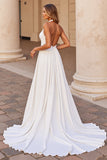 A Line Satin White Halter Keyhole Sweep Train Wedding Dress