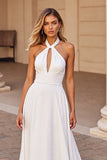 A Line Satin White Halter Keyhole Sweep Train Wedding Dress