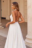A Line Satin White Halter Keyhole Sweep Train Wedding Dress